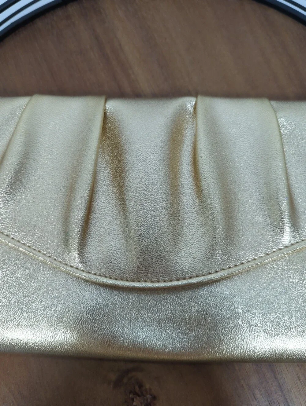 Vintage Avon Metallic Gold Faux Leather Clutch Pleated Details Snap Closure